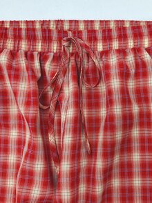 Grovea Plus Size Spring/Summer Vintage Red Plaid Casual Vacation Versatile Wide Leg Straight Pants Fall - Red - View 4