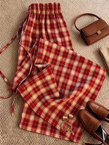 Grovea Plus Size Spring/Summer Vintage Red Plaid Casual Vacation Versatile Wide Leg Straight Pants Fall - Red - View 1