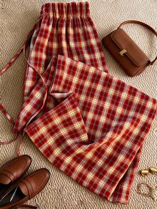 Grovea Plus Size Spring/Summer Vintage Red Plaid Casual Vacation Versatile Wide Leg Straight Pants Fall - Red - View 7