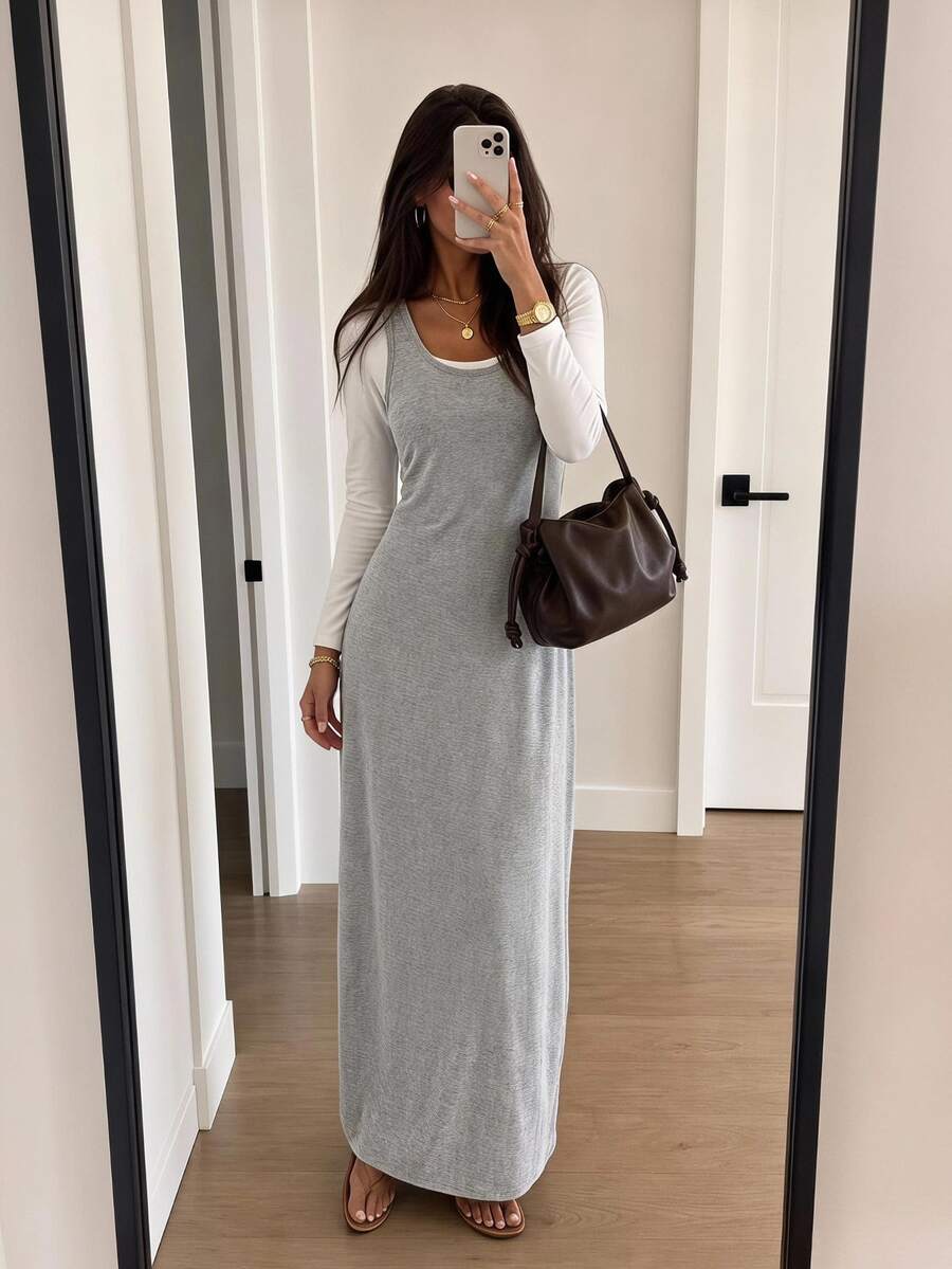 Easowa Square Neck Contrast Color Patchwork 2 In 1 Long Sleeve Knit Dress Brunch White Grey Autumn Casual - Multicolor - View 1