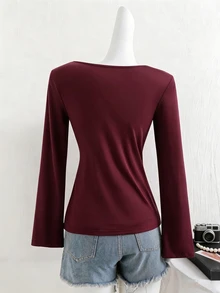 SHEIN Sparklyn Teen GirlBurgundy T-Shirt With Heart-Shaped Neckline, Fall Tops, Fall, Exquisite Collarbone-Flattering Design - Burgundy - View 2