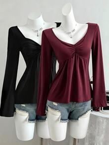 SHEIN Sparklyn Teen GirlBurgundy T-Shirt With Heart-Shaped Neckline, Fall Tops, Fall, Exquisite Collarbone-Flattering Design - Burgundy - View 4