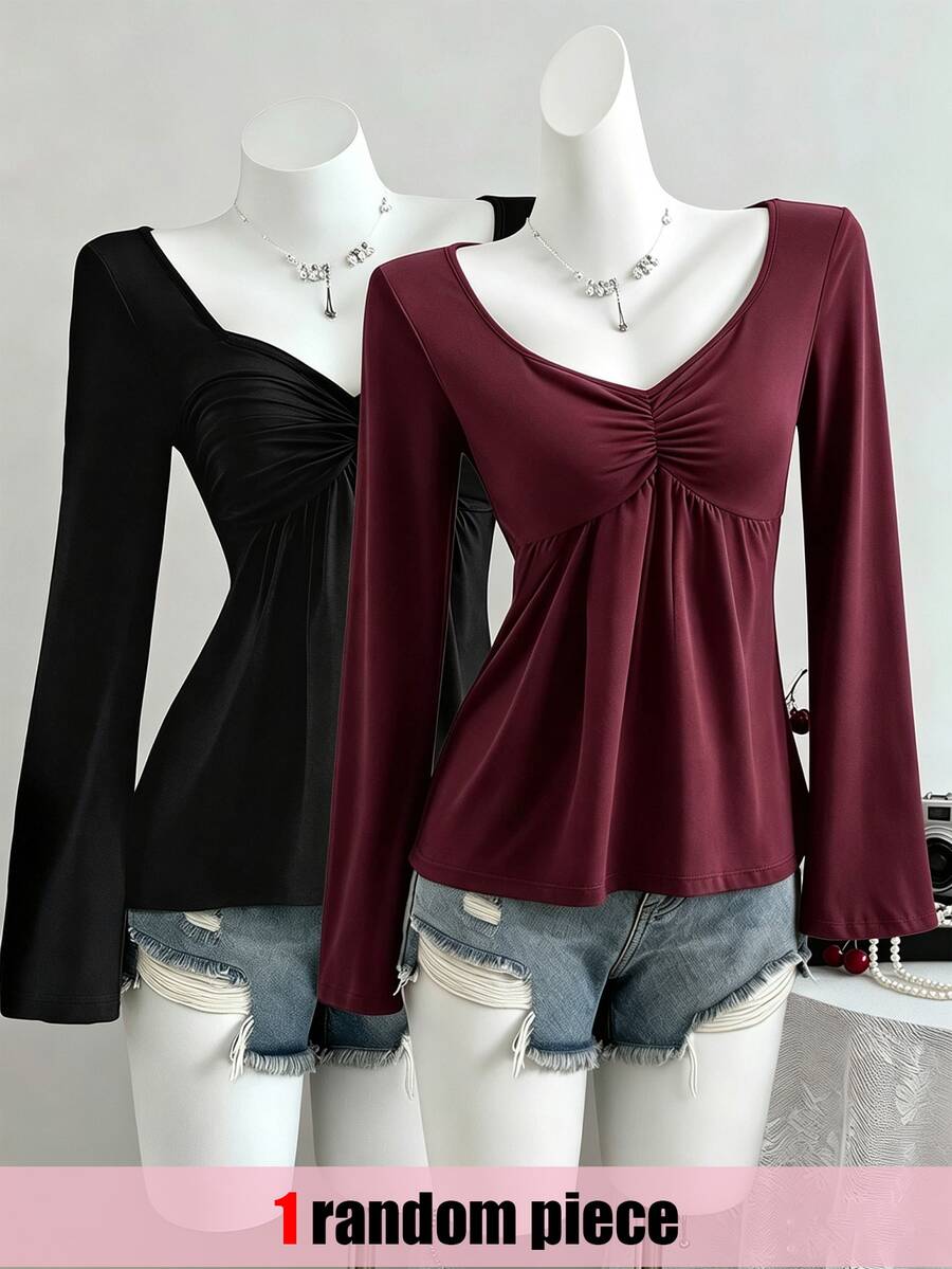 SHEIN Sparklyn Teen GirlBurgundy T-Shirt With Heart-Shaped Neckline, Fall Tops, Fall, Exquisite Collarbone-Flattering Design - Burgundy - View 1