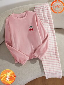 1套女童粉色櫻桃刺繡長袖上衣白色條紋長褲家居服套裝，秋冬居家穿著晚餐裝，可愛亮粉色 - 藕粉色 - 查看 9