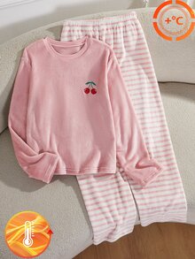 1套女童粉色櫻桃刺繡長袖上衣白色條紋長褲家居服套裝，秋冬居家穿著晚餐裝，可愛亮粉色 - 藕粉色 - 查看 8
