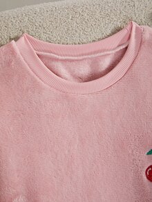 1套女童粉色櫻桃刺繡長袖上衣白色條紋長褲家居服套裝，秋冬居家穿著晚餐裝，可愛亮粉色 - 藕粉色 - 查看 4