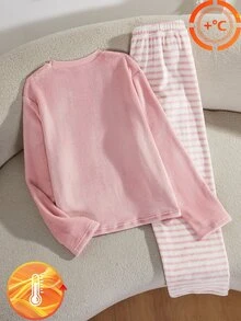 1套女童粉色櫻桃刺繡長袖上衣白色條紋長褲家居服套裝，秋冬居家穿著晚餐裝，可愛亮粉色 - 藕粉色 - 查看 2