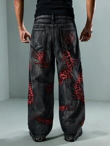ROMWE MEN Casual 男士大尺碼牛仔褲，附口袋、鈕扣與蜈蚣刺繡圖案 - 酒紅色 - 查看 3