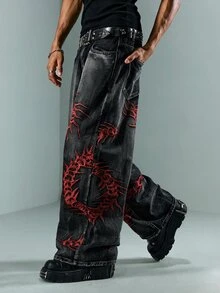ROMWE MEN Casual 男士大尺碼牛仔褲，附口袋、鈕扣與蜈蚣刺繡圖案 - 酒紅色 - 查看 6