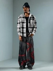ROMWE MEN Casual 男士大尺碼牛仔褲，附口袋、鈕扣與蜈蚣刺繡圖案 - 酒紅色 - 查看 7