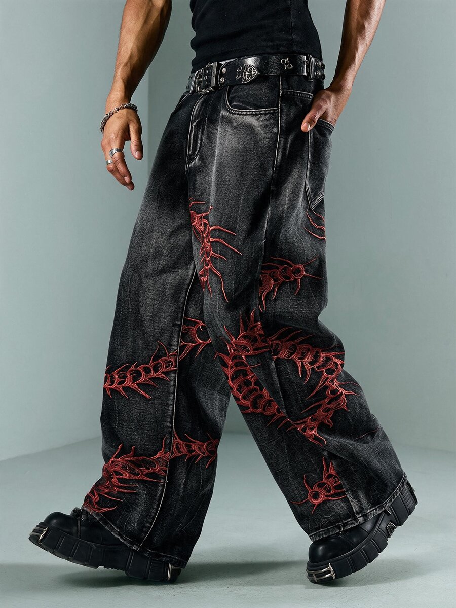 ROMWE MEN Casual Men's Plus Size Denim Jeans With Pocket, Button And Centipede Embroidery Pattern - Burgundy - View 1