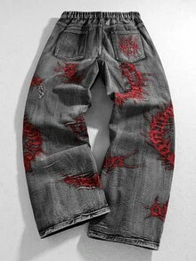 ROMWE MEN Casual 男士大尺碼牛仔褲，附口袋、鈕扣與蜈蚣刺繡圖案 - 酒紅色 - 查看 9
