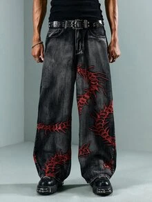 ROMWE MEN Casual 男士大尺碼牛仔褲，附口袋、鈕扣與蜈蚣刺繡圖案 - 酒紅色 - 查看 4