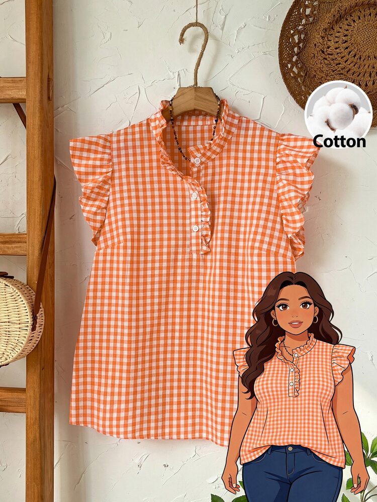 Rusticease Plus Size Women's Summer Casual Traditional Safari Vacation Printed Frill Trim Mock Neck Ruffle Armhole Top Formal Beach Burnt Orange Summer Top - Orange - View 2