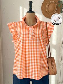 Rusticease Plus Size Women's Summer Casual Traditional Safari Vacation Printed Frill Trim Mock Neck Ruffle Armhole Top Formal Beach Burnt Orange Summer Top - Orange - View 5