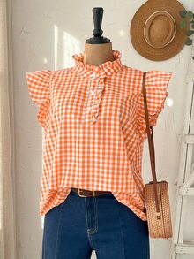 Rusticease Plus Size Women's Summer Casual Traditional Safari Vacation Printed Frill Trim Mock Neck Ruffle Armhole Top Formal Beach Burnt Orange Summer Top - Orange - View 7