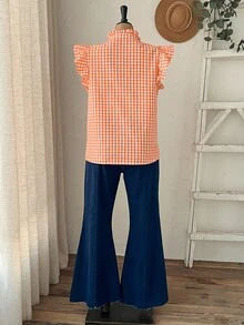Rusticease Plus Size Women's Summer Casual Traditional Safari Vacation Printed Frill Trim Mock Neck Ruffle Armhole Top Formal Beach Burnt Orange Summer Top - Orange - View 3