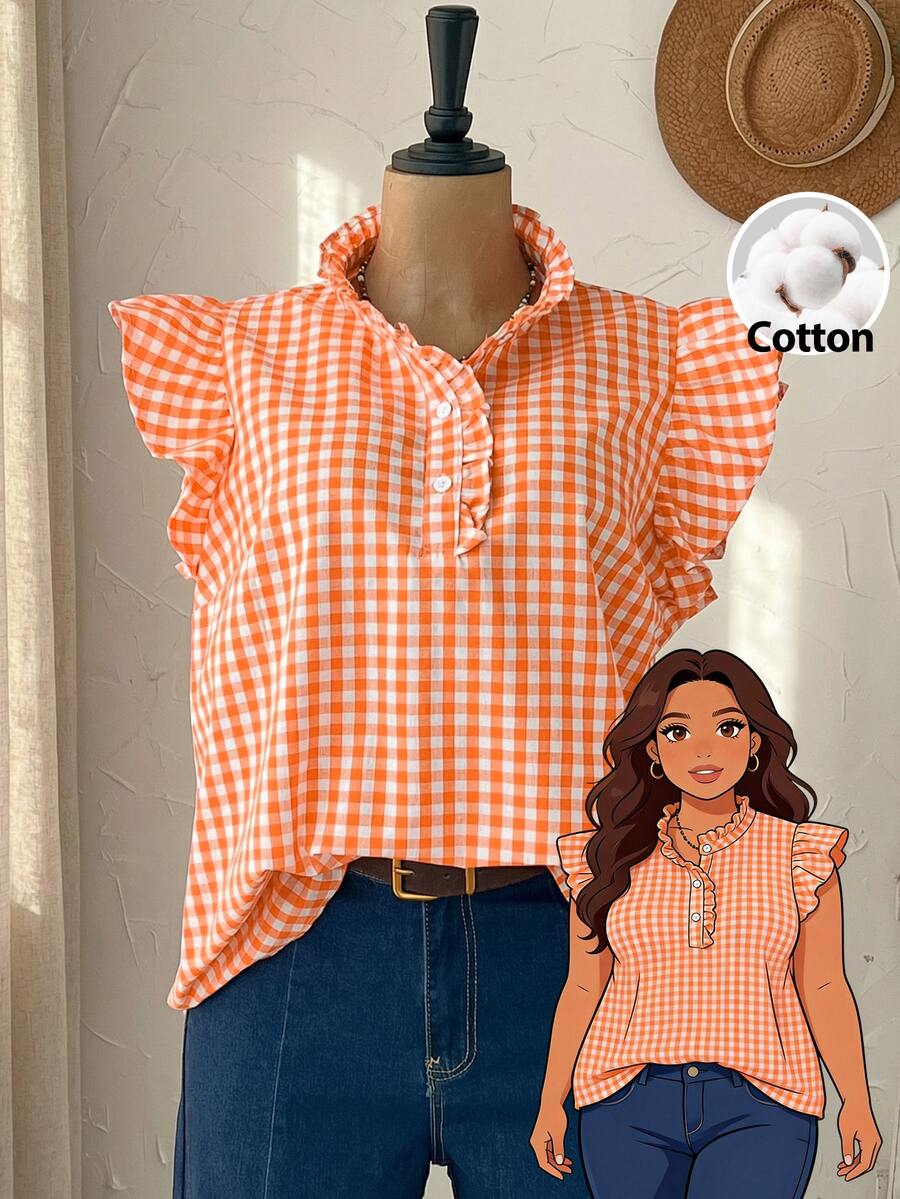 Rusticease Plus Size Women's Summer Casual Traditional Safari Vacation Printed Frill Trim Mock Neck Ruffle Armhole Top Formal Beach Burnt Orange Summer Top - Orange - View 1