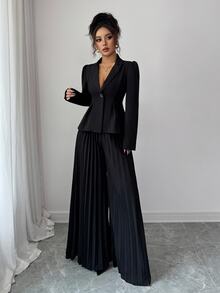 Elenzga 女款優雅休閒辦公黑色秋冬四季領西裝外套，修身設計，搭配百褶寬腿褲，通勤套裝 - 黑色 - 查看 8