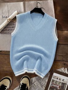 Manfinity Homme 男士休閒粗繩編織板球毛衣背心，秋冬款，節日質感老錢風 - 淺藍色 - 查看 1