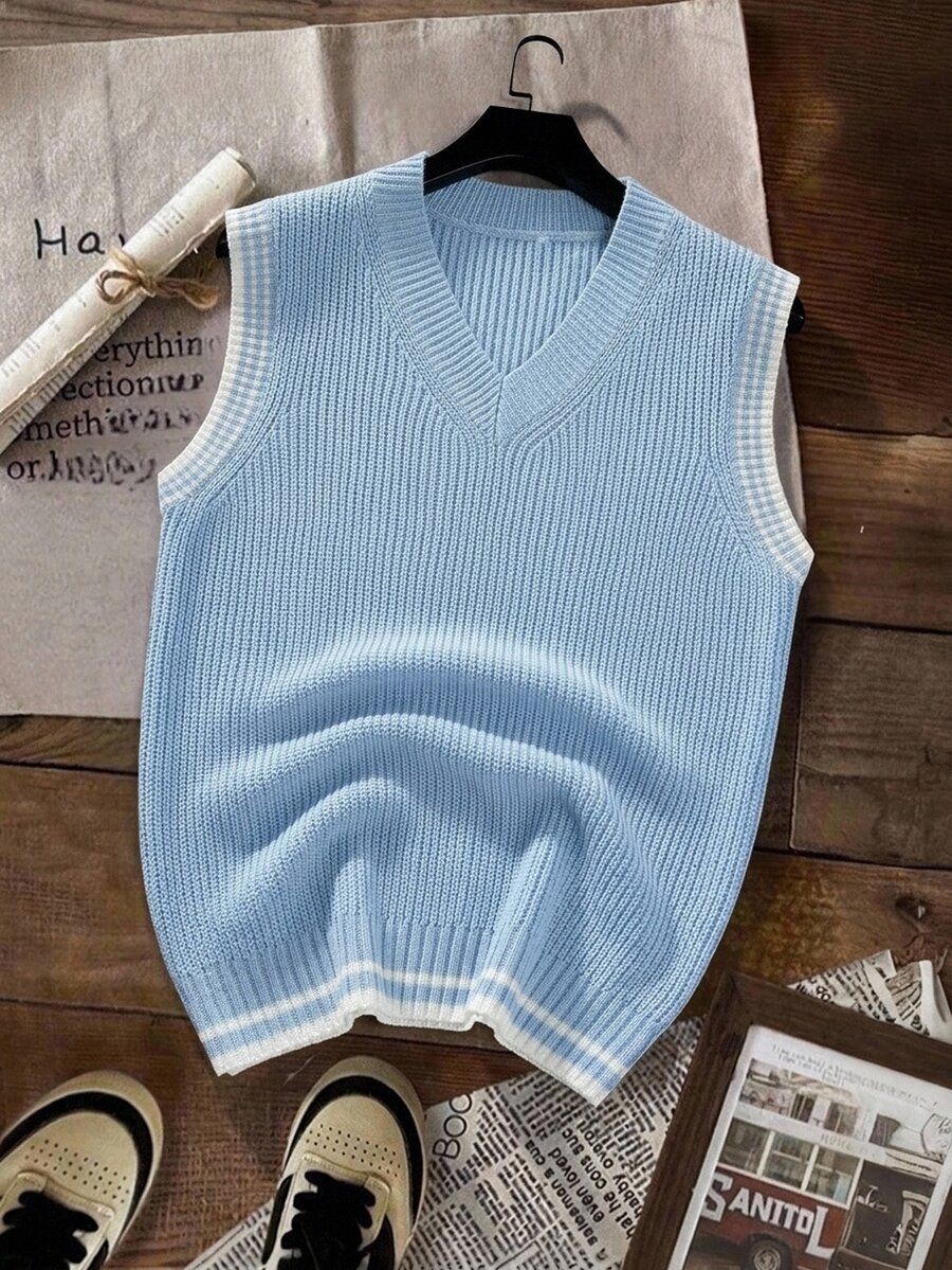 Manfinity Homme 男士休閒粗繩編織板球毛衣背心,秋冬款,節日質感老錢風 - 淺藍色 - 查看 1