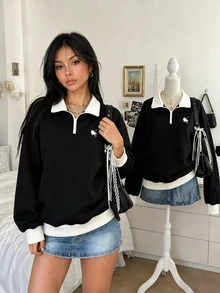 Lalippa Women's Casual Contrast Trim Zipper Half-Zip Raglan Sweatshirt, Autumn - Black - View 3