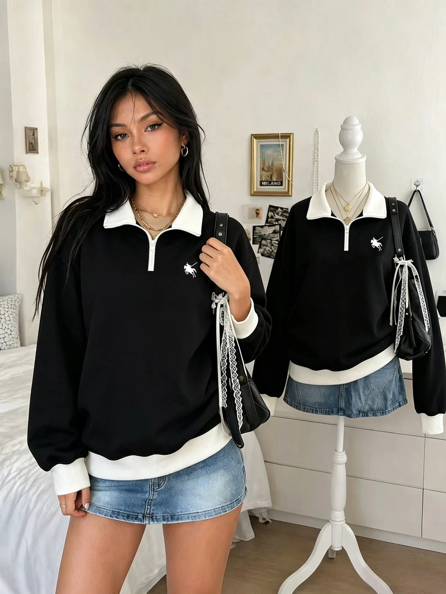 Lalippa 女式休闲撞色装饰拉链半拉链插肩袖运动衫，秋季 - 黑色 - 查看 1