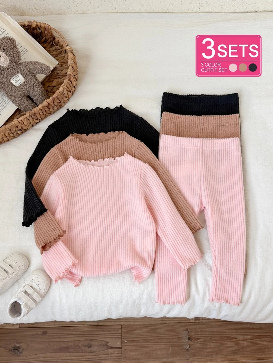 SHEIN Vintaside Kids 2pcs Baby Girls Toddler Girl Ribbed Top Pants Set Cute Pink Brown Lettuce Ruffle Trim Long Sleeve Round Neck Birthday Party Fall Princess Cozy Ballet - Multicolor - View 1