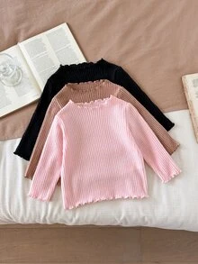 SHEIN Vintaside Kids 2pcs Baby Girls Toddler Girl Ribbed Top Pants Set Cute Pink Brown Lettuce Ruffle Trim Long Sleeve Round Neck Birthday Party Fall Princess Cozy Ballet - Multicolor - View 2