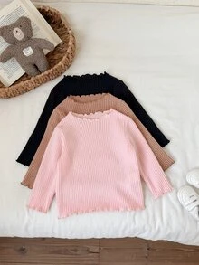 SHEIN Vintaside Kids 2pcs Baby Girls Toddler Girl Ribbed Top Pants Set Cute Pink Brown Lettuce Ruffle Trim Long Sleeve Round Neck Birthday Party Fall Princess Cozy Ballet - Multicolor - View 7