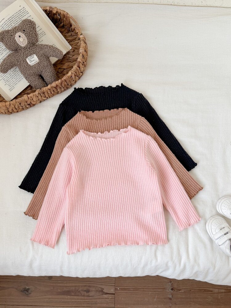 SHEIN Vintaside Kids 2pcs Baby Girls Toddler Girl Ribbed Top Pants Set Cute Pink Brown Lettuce Ruffle Trim Long Sleeve Round Neck Birthday Party Fall Princess Cozy Ballet - Multicolor - View 7