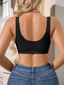 1 pieza Sujetador sin aros, sin costuras, de color liso y con cierre frontal cómodo para mujer - Negro - Ver 2