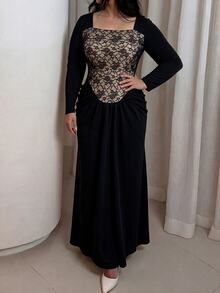 Modelyn Plus Size Square Neck Floral Lace Spliced Dress Long Sleeve Draped Ruched Waist Modest Wedding Guest Evening Gown - Black - View 4