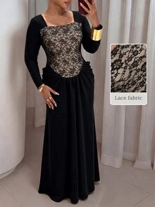 Modelyn Plus Size Square Neck Floral Lace Spliced Dress Long Sleeve Draped Ruched Waist Modest Wedding Guest Evening Gown - Black - View 3