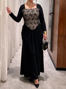 Modelyn Plus Size Square Neck Floral Lace Spliced Dress Long Sleeve Draped Ruched Waist Modest Wedding Guest Evening Gown - Black - View 6