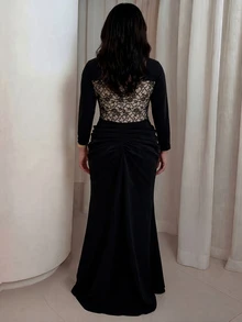 Modelyn Plus Size Square Neck Floral Lace Spliced Dress Long Sleeve Draped Ruched Waist Modest Wedding Guest Evening Gown - Black - View 2