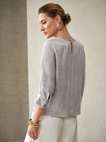 MOTF PREMIUM WOMEN'S ROUND NECK BLOUSE, MINIMALIST STYLE, SUITABLE FOR COMMUTING, DATING, VACATION, PARTY, DAILY OUTINGS, GATHERINGS, OUTDOOR ACTIVITIES - Grey - View 2