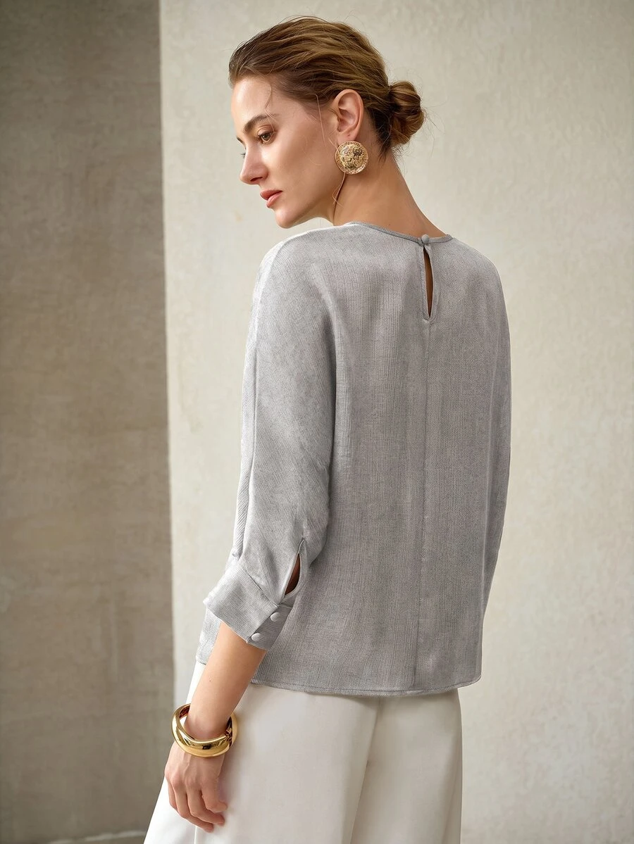 MOTF PREMIUM WOMEN'S ROUND NECK BLOUSE, MINIMALIST STYLE, SUITABLE FOR COMMUTING, DATING, VACATION, PARTY, DAILY OUTINGS, GATHERINGS, OUTDOOR ACTIVITIES - Grey - View 2
