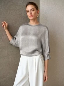 MOTF PREMIUM WOMEN'S ROUND NECK BLOUSE, MINIMALIST STYLE, SUITABLE FOR COMMUTING, DATING, VACATION, PARTY, DAILY OUTINGS, GATHERINGS, OUTDOOR ACTIVITIES - Grey - View 6
