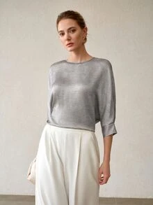 MOTF PREMIUM WOMEN'S ROUND NECK BLOUSE, MINIMALIST STYLE, SUITABLE FOR COMMUTING, DATING, VACATION, PARTY, DAILY OUTINGS, GATHERINGS, OUTDOOR ACTIVITIES - Grey - View 5