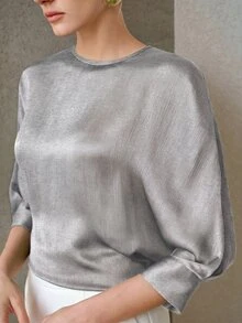 MOTF PREMIUM WOMEN'S ROUND NECK BLOUSE, MINIMALIST STYLE, SUITABLE FOR COMMUTING, DATING, VACATION, PARTY, DAILY OUTINGS, GATHERINGS, OUTDOOR ACTIVITIES - Grey - View 3