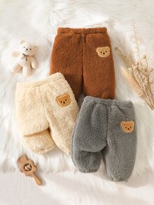 SHEIN 3pcs/Set Baby Boys & Girls Fuzzy Simple Long Pants, Cute Bear Embroidery Versatile Color Pants, Soft & Comfortable Fabric Suitable For Daily Wear 0-1 Years Old, Autumn/Winter New Arrival - Grey - View 3
