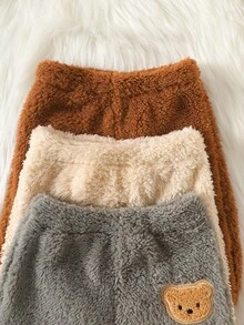 SHEIN 3pcs/Set Baby Boys & Girls Fuzzy Simple Long Pants, Cute Bear Embroidery Versatile Color Pants, Soft & Comfortable Fabric Suitable For Daily Wear 0-1 Years Old, Autumn/Winter New Arrival - Grey - View 5