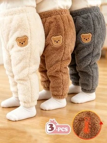 SHEIN 3pcs/Set Baby Boys & Girls Fuzzy Simple Long Pants, Cute Bear Embroidery Versatile Color Pants, Soft & Comfortable Fabric Suitable For Daily Wear 0-1 Years Old, Autumn/Winter New Arrival - Grey - View 2