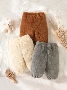 SHEIN 3pcs/Set Baby Boys & Girls Fuzzy Simple Long Pants, Cute Bear Embroidery Versatile Color Pants, Soft & Comfortable Fabric Suitable For Daily Wear 0-1 Years Old, Autumn/Winter New Arrival - Grey - View 4
