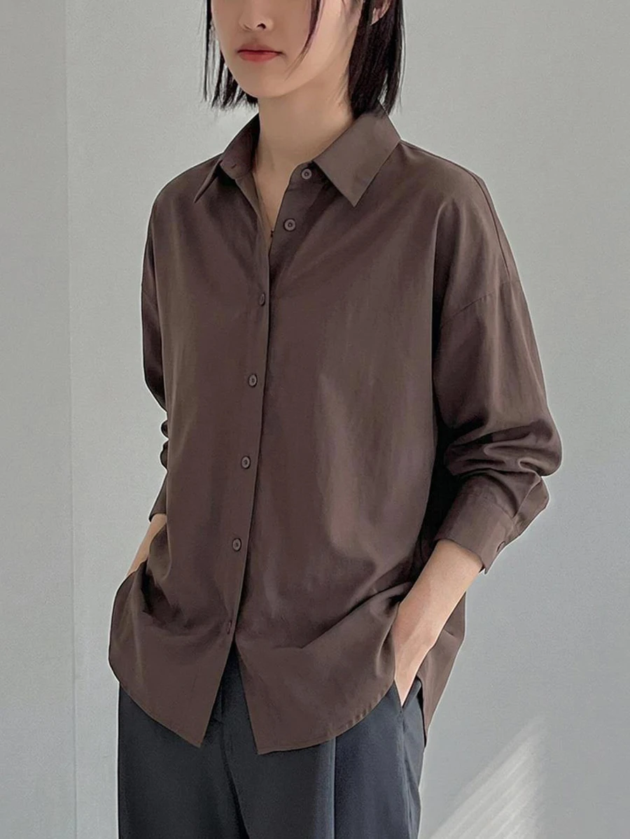 DAZY Women's Loose Fit Collared Long Sleeve T-Shirt, Business Casual Style, Suitable For Office Wear And Daily Commute, Autumn - Brown - View 1