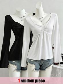 SHEIN Sparklyn Atasan Musim Gugur untuk Remaja Perempuan: Kaos Putih Musim Gugur dengan Garis Leher Berbentuk Hati, Desain Halus yang Menonjolkan Tulang Selangka - Putih - View 1