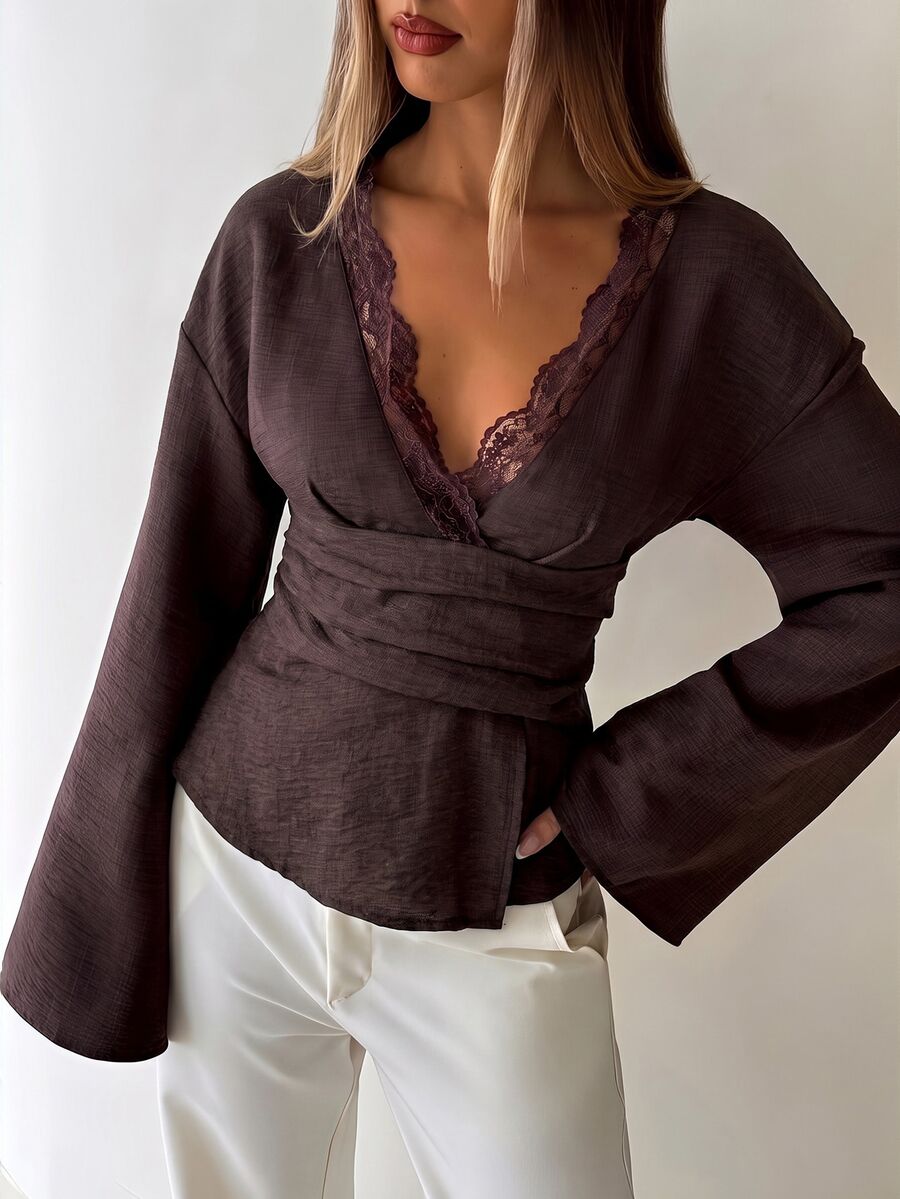 Aloruh Blus Patchwork Renda Leher V Warna Cokelat Kopi Tua, Gaya Komuter Minimalis, Potongan Ramping yang Memperindah Pinggang, Pakaian Awal Musim Gugur - Coffee Brown - View 1