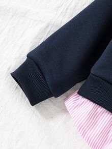 SHEIN Elladie kids 少女衛衣，藏藍色仿兩件套設計，寬鬆版型，秋冬季，帶帽，抓絨內襯，拉鍊，7歲生日婚禮白色 - 藍色 - 查看 6