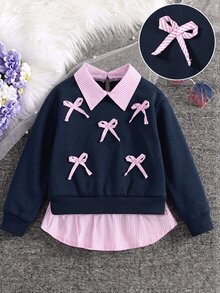 SHEIN Elladie kids 少女衛衣，藏藍色仿兩件套設計，寬鬆版型，秋冬季，帶帽，抓絨內襯，拉鍊，7歲生日婚禮白色 - 藍色 - 查看 4
